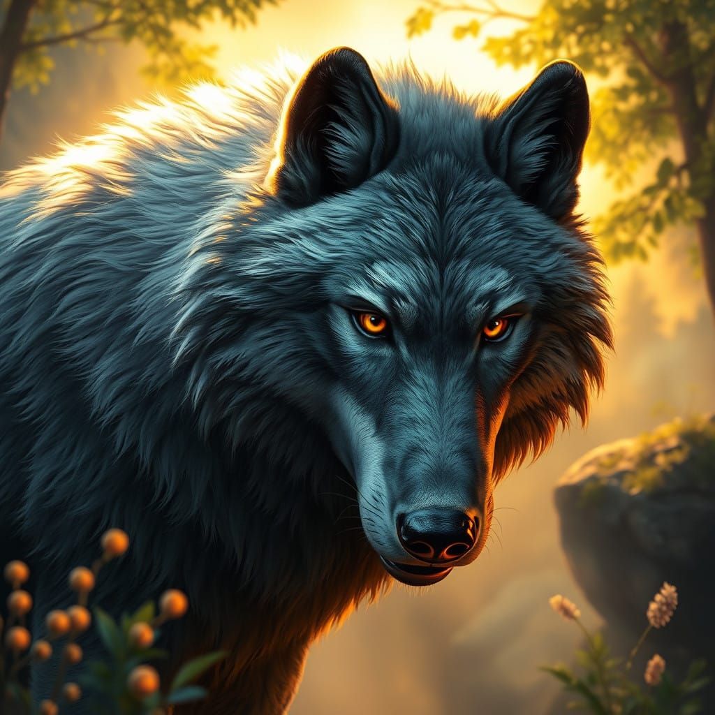 Hyperrealistic Gray Wolf in Lush, Dreamlike Environment