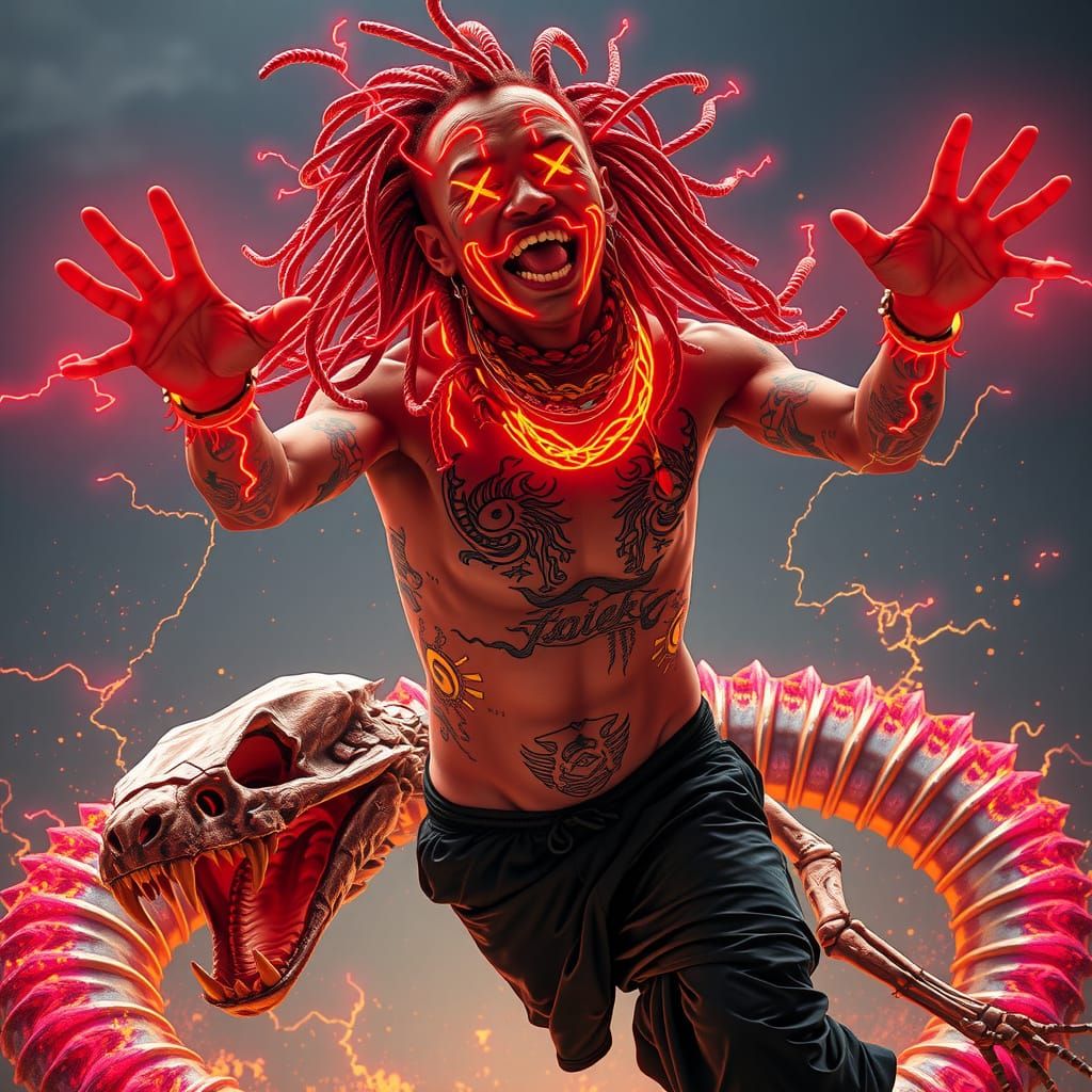 Glowing Male Figure Levitates Above Neon Serpent Skeleton