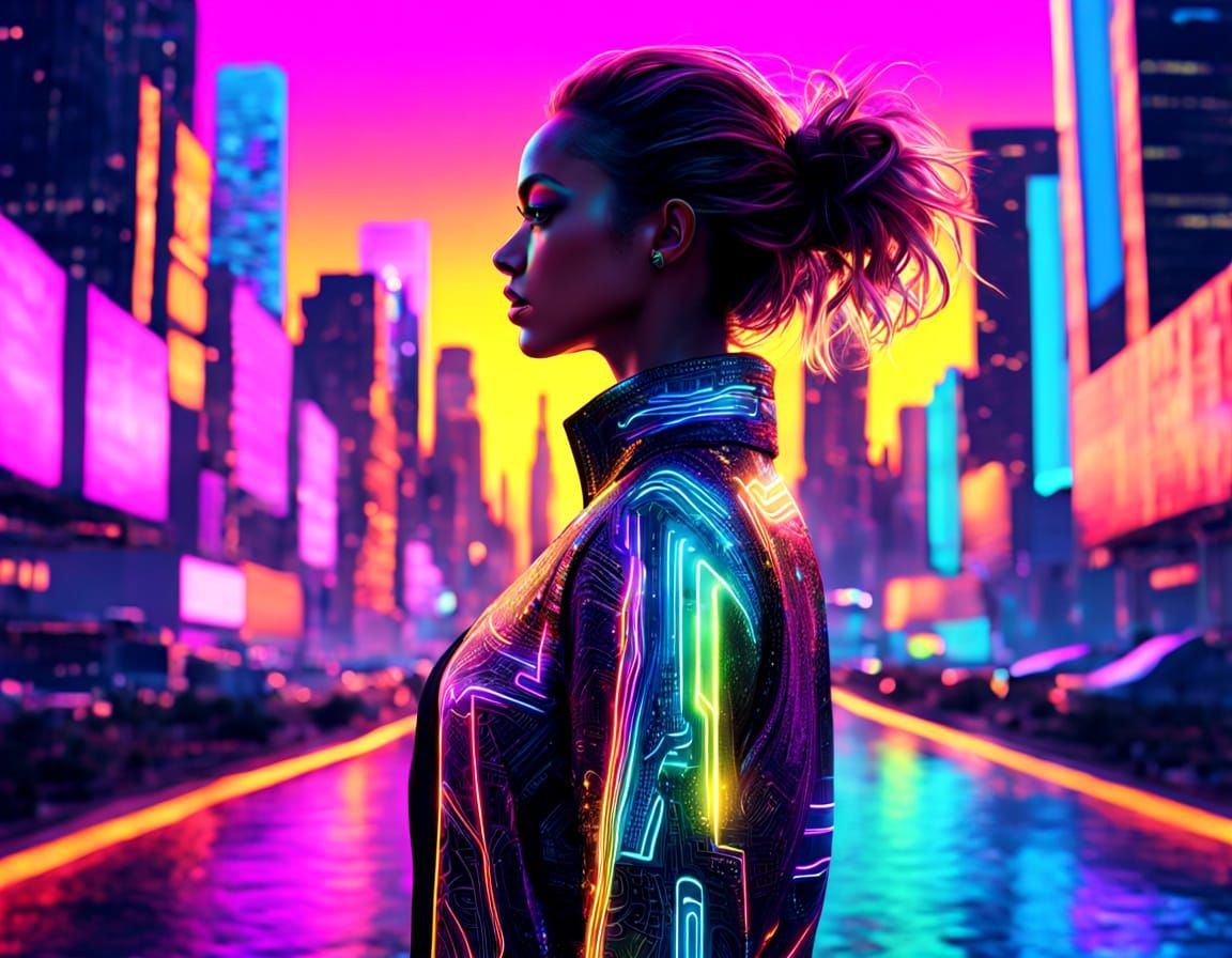 Neon Cyberpunk Woman in Futuristic City