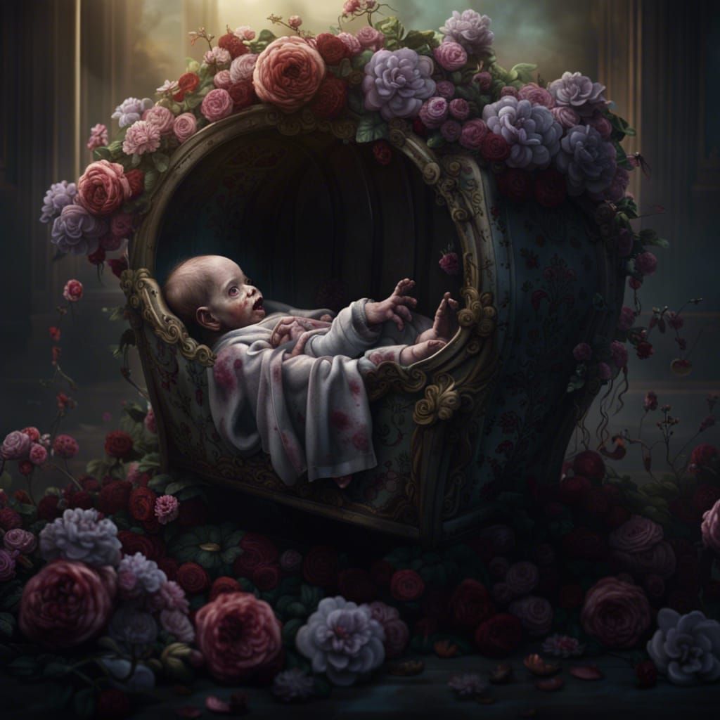 Zombie Baby in Floral Cradle: Digital Matte Painting