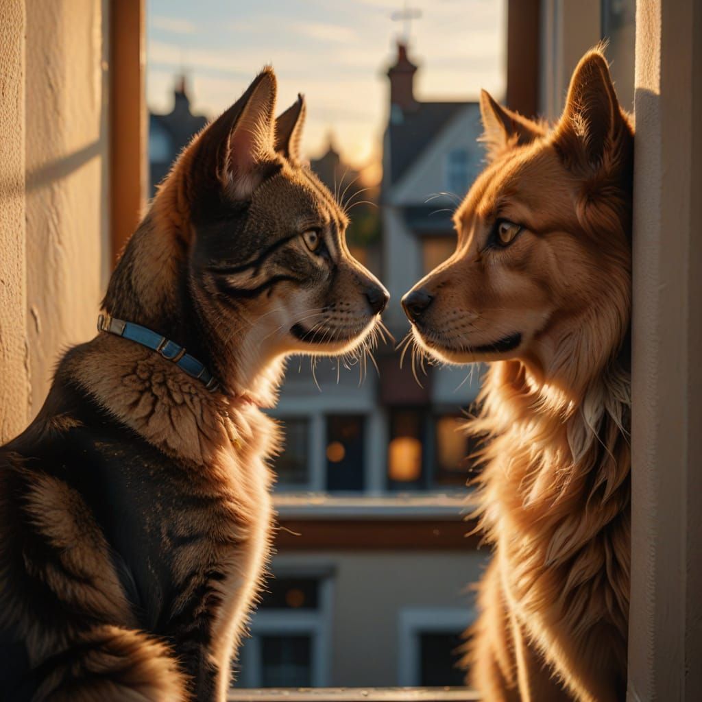 Dog and Cat Face Off in Windows - Realistic Photo