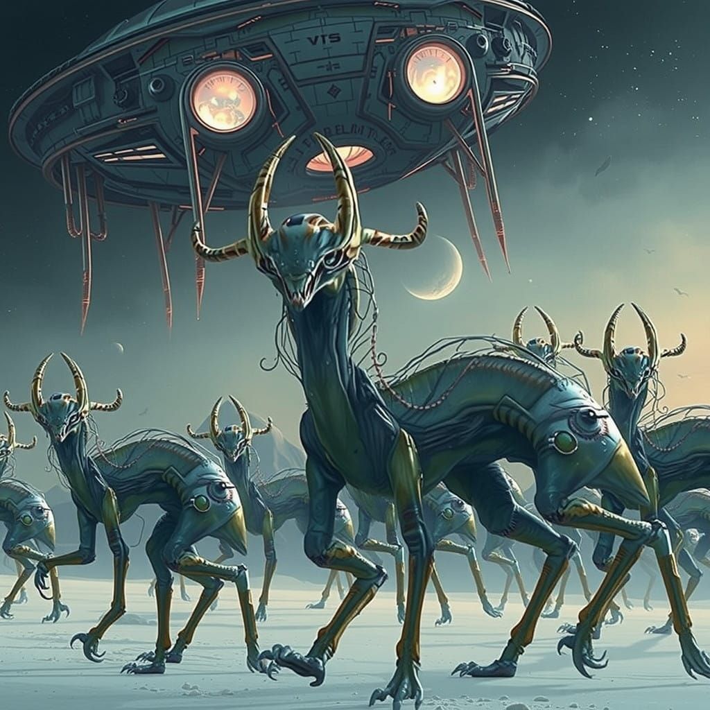 Alien Herd Approaches Futuristic Clam-Shaped Spaceship