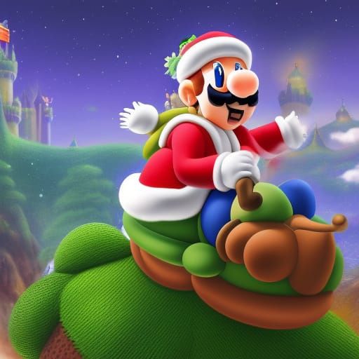 Santa Claus and Yoshi at Peach's Castle