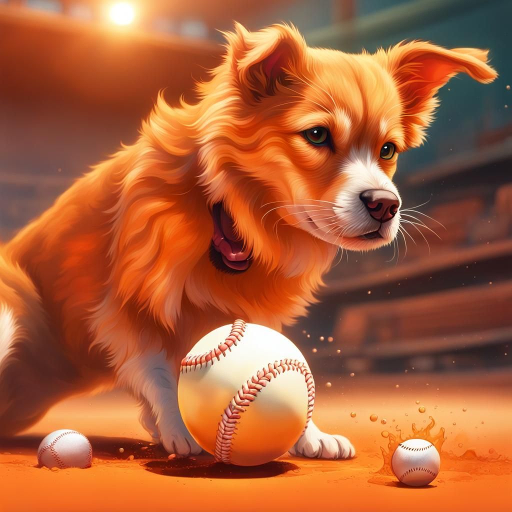 Orange Dog and Cat Play Baseball: Hyperrealistic Splash Art
