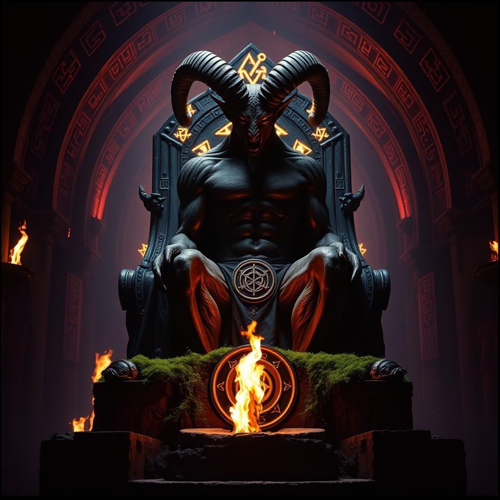 A towering, goat-headed figure with intricate horns eternal ...