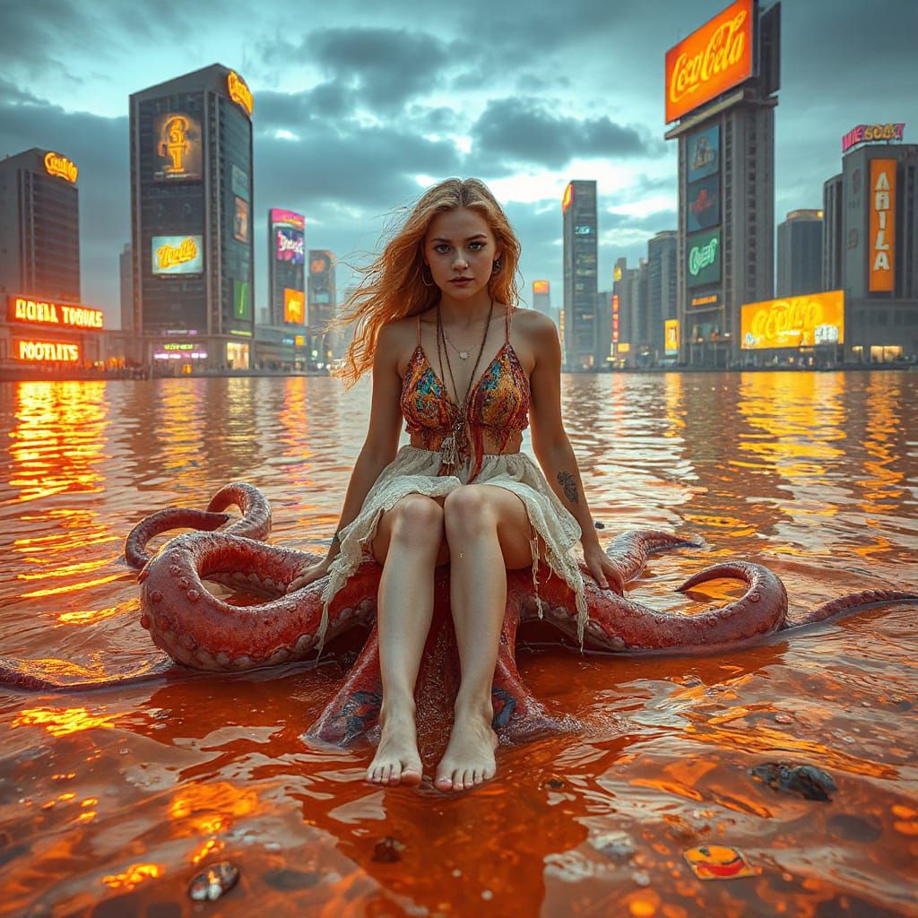 Luminous Bohemian Woman on Iridescent Squid