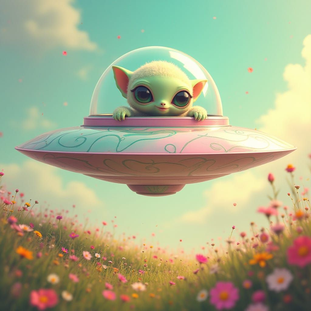 Enchanted Retro-Futuristic UFO Soars Above a Vibrant Meadow