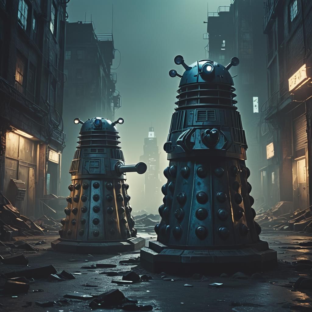 Cyberpunk Dalek in Ruined Cityscape