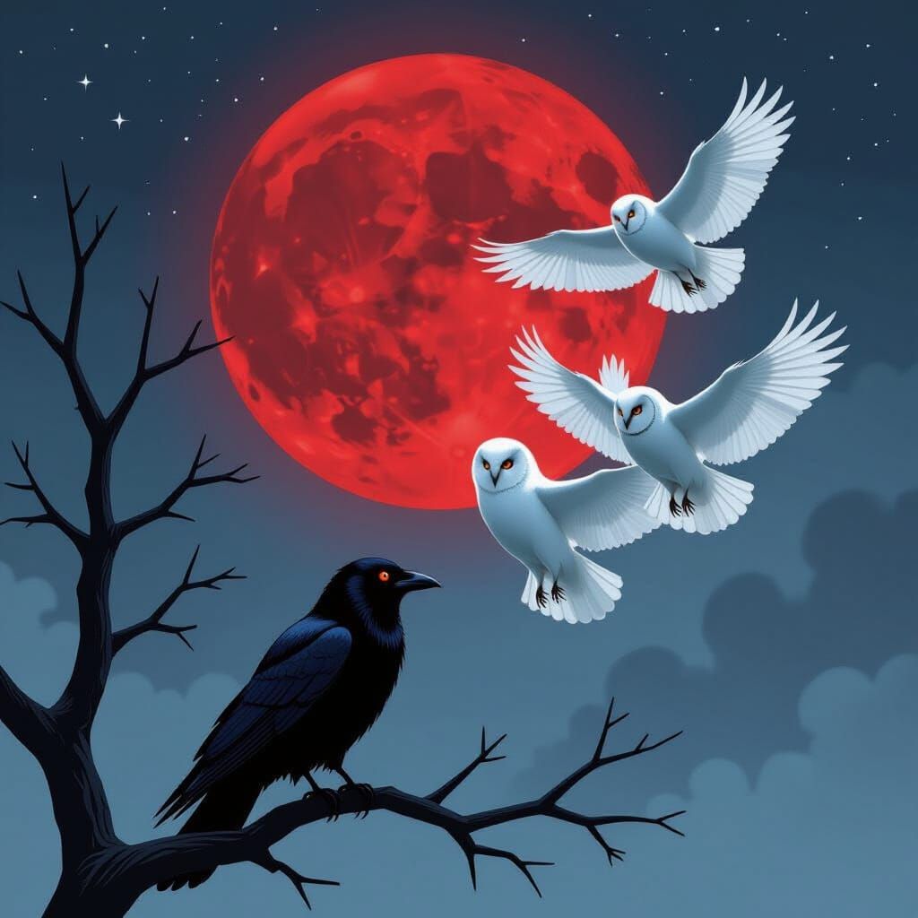 Gothic Night Scene: Crow, Owls, and Red Moon