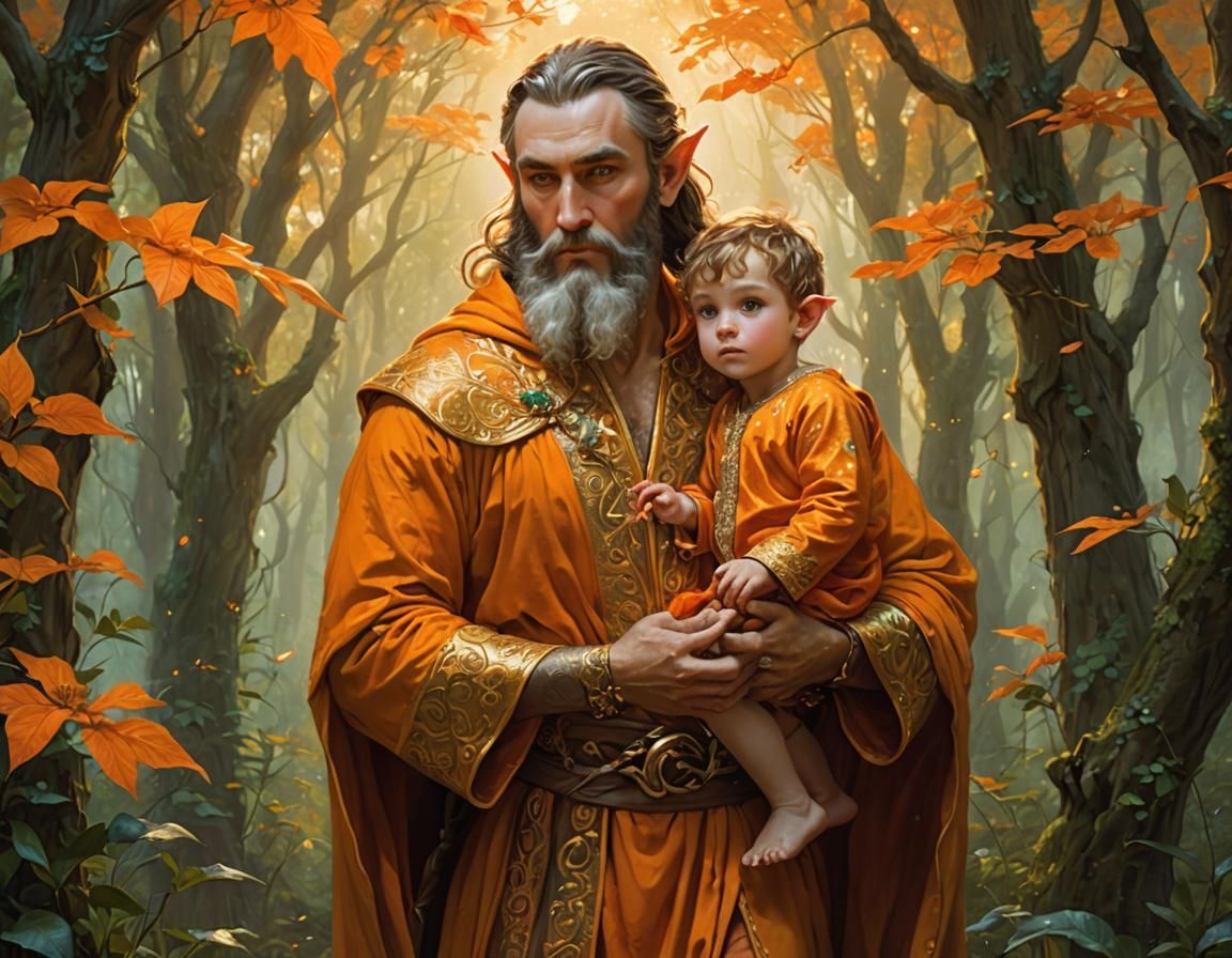 Elf Father and Son in Magical Forest, Fantasy Art