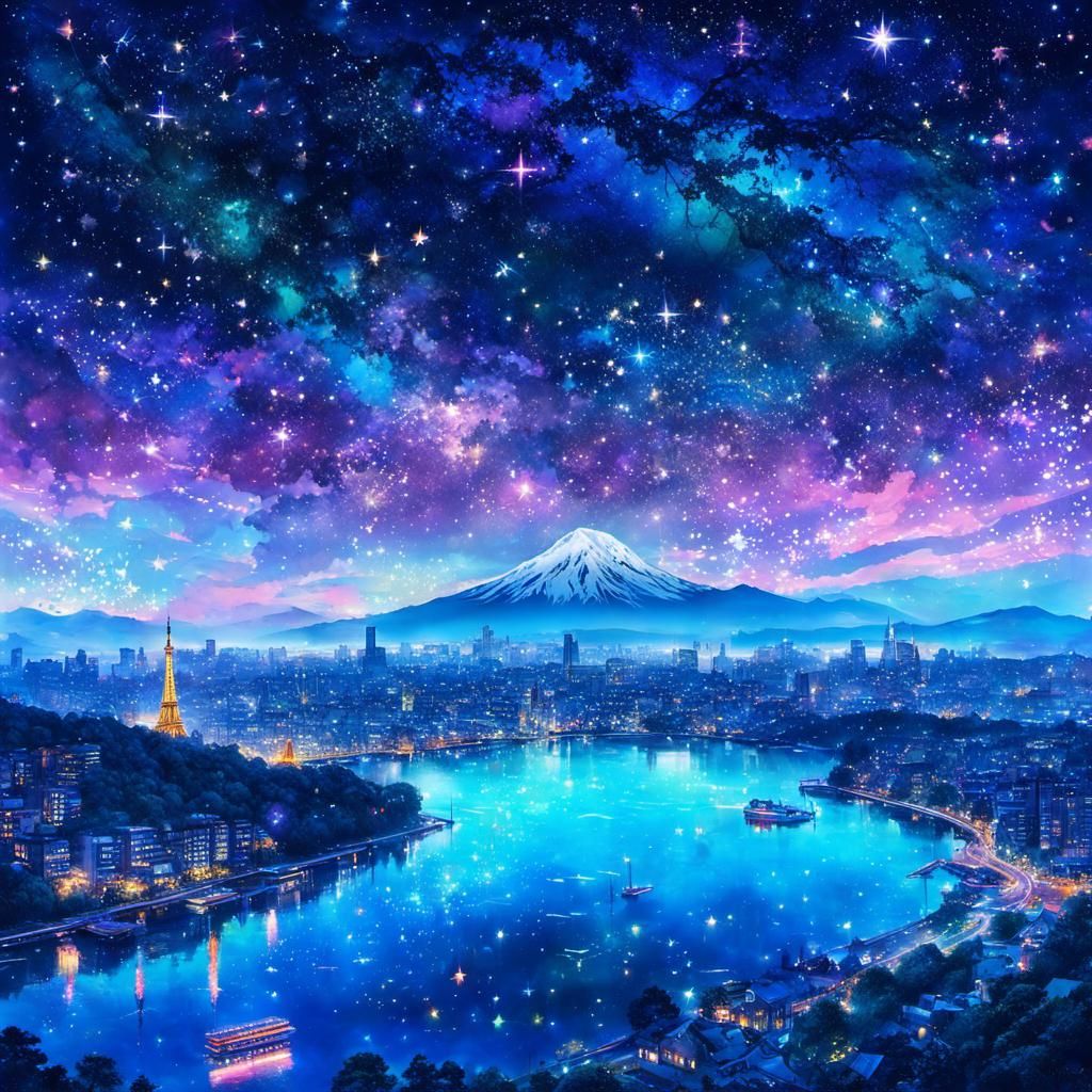 Enchanted Starry Night City in Anime Style