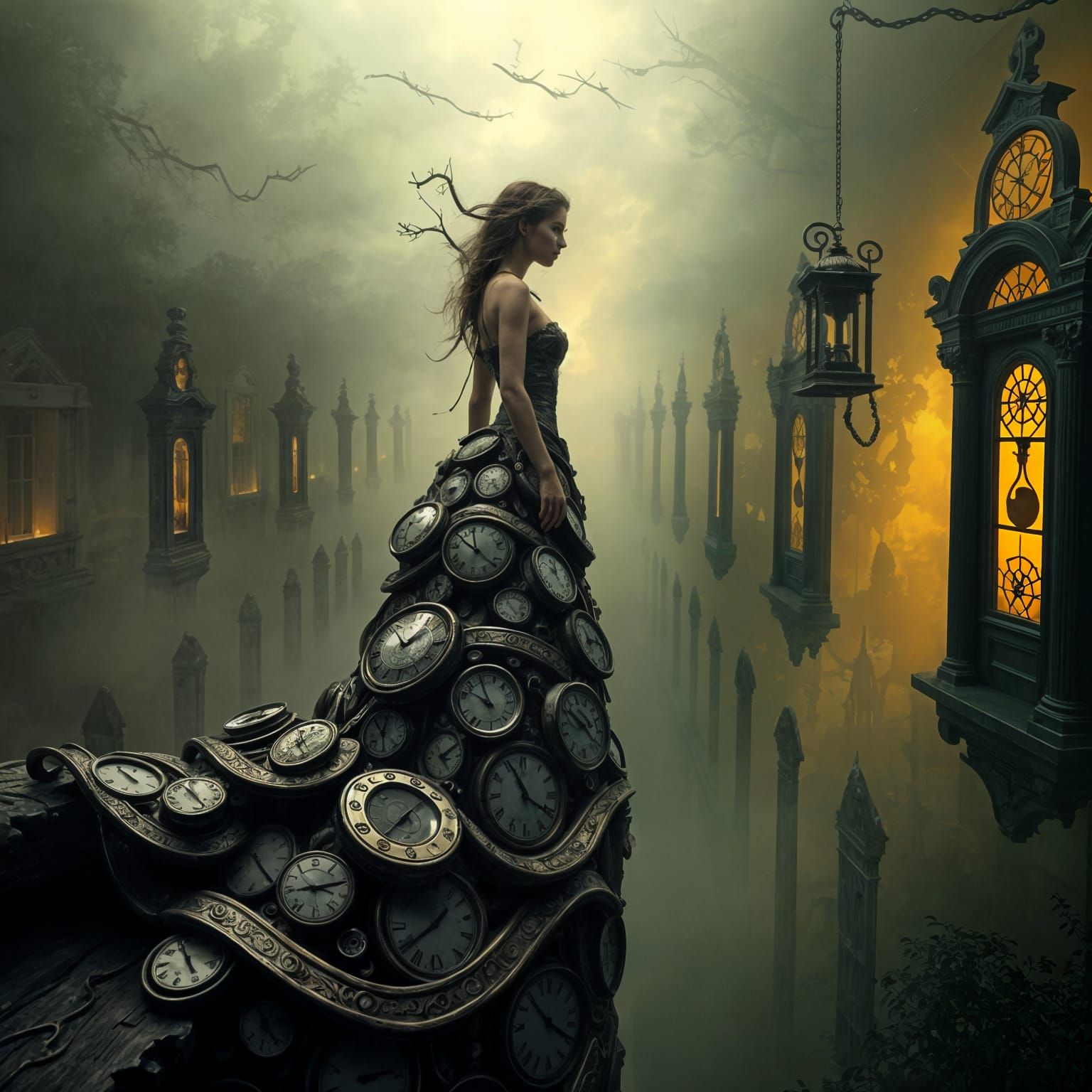 Surreal Dreamscape: Time Dress in Misty Hallway