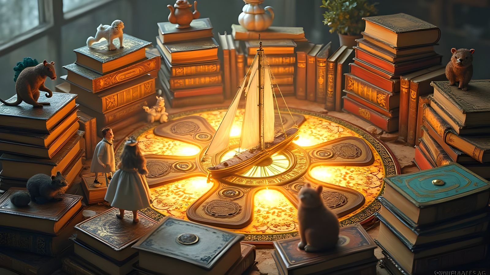 Whimsical Literary Wheel in Vibrant Realism