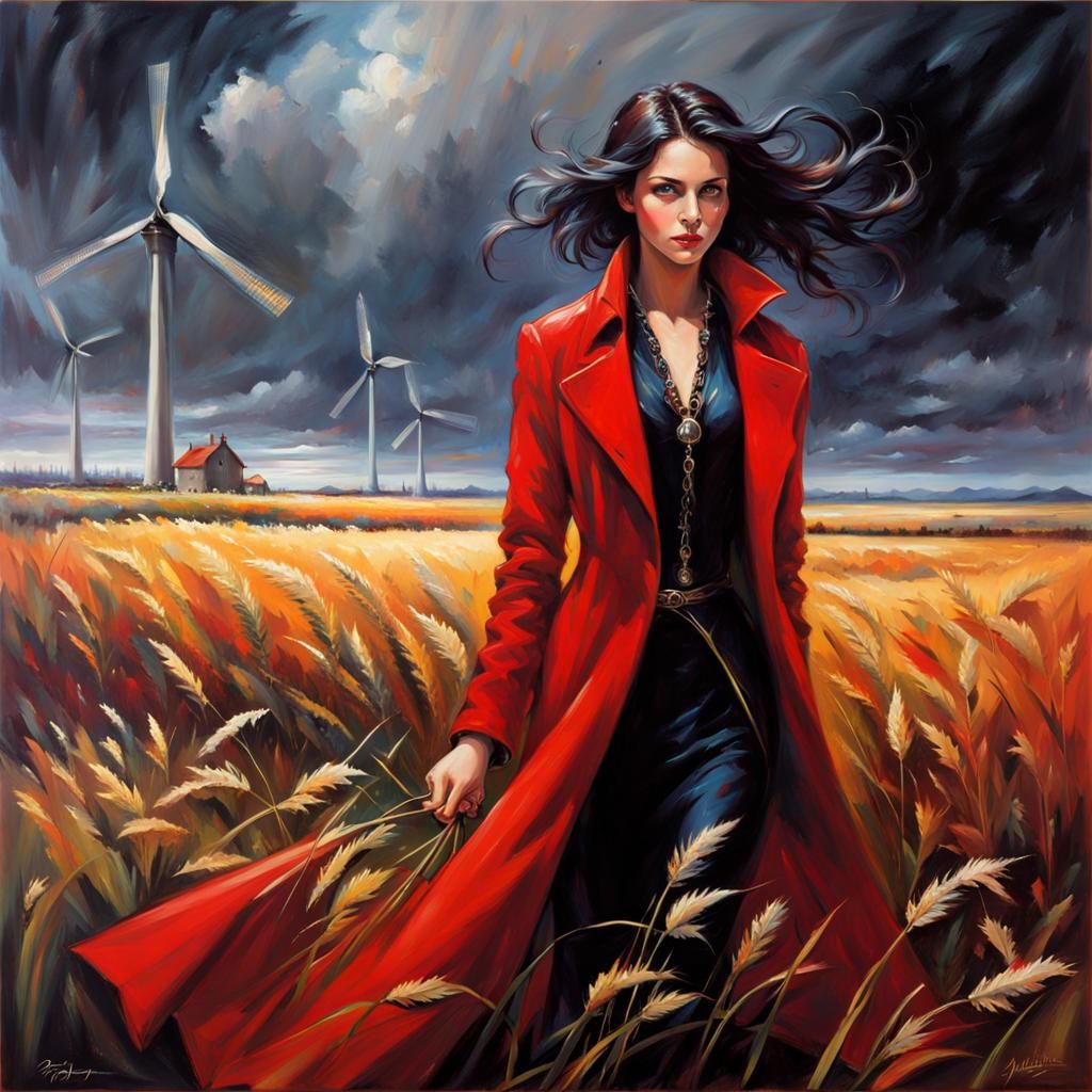 Gothic Oil Painting of Woman in Red Coat