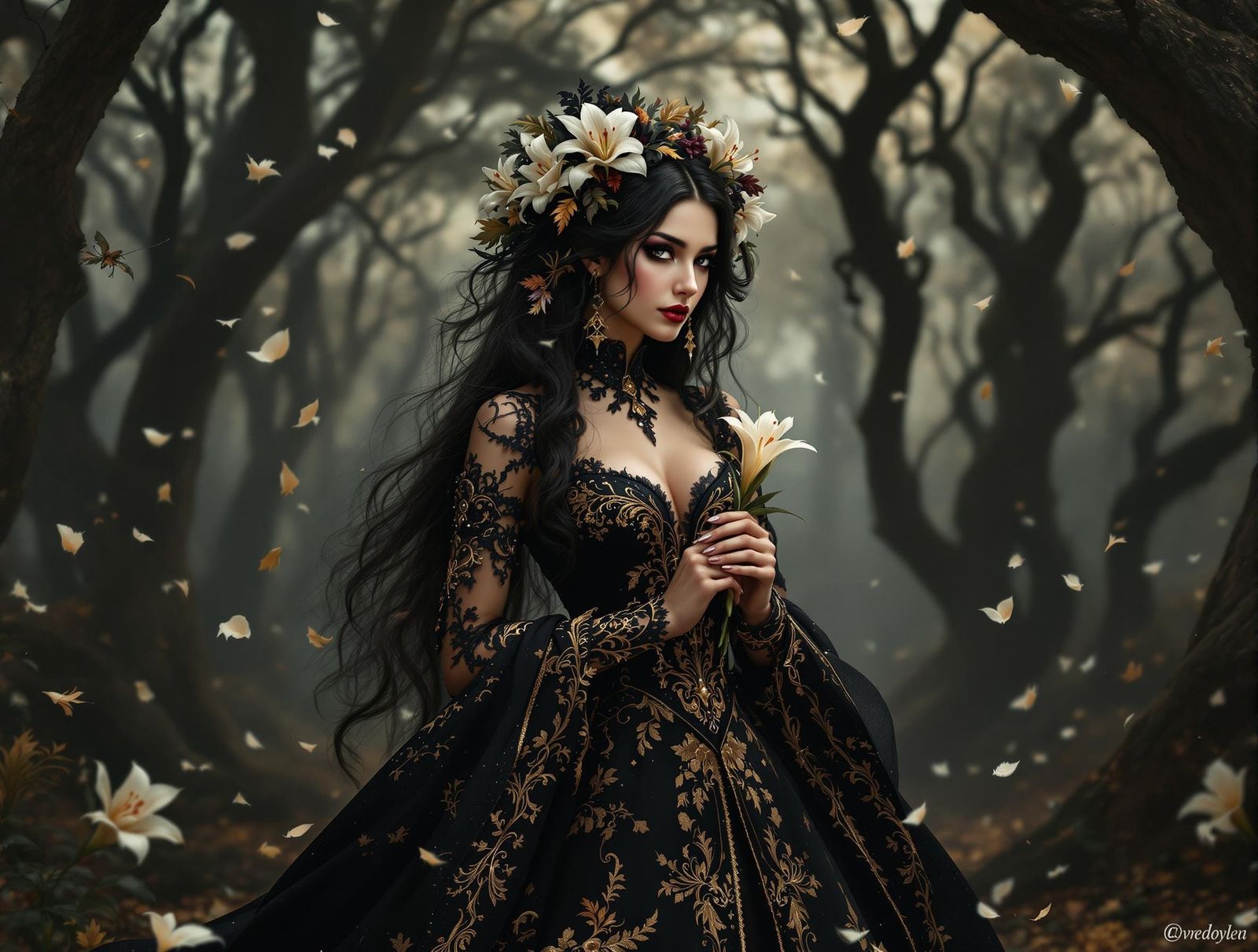 Enchanted Forest Goddess in Elegant Gothic Attire