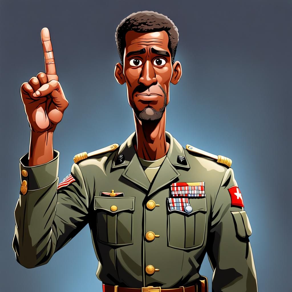 a delightful cartoon masterpiece showcasing a towering, lanky brown man in his thirties dressed in a military uniform. E...