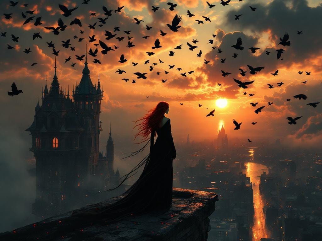 Female Vampire Turns to Ravens at Dusk, Digital Painting