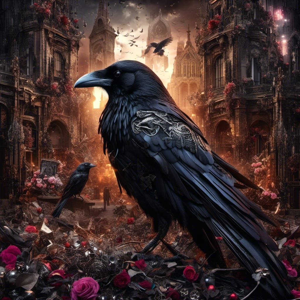 Gothic Neon Raven Collage Art