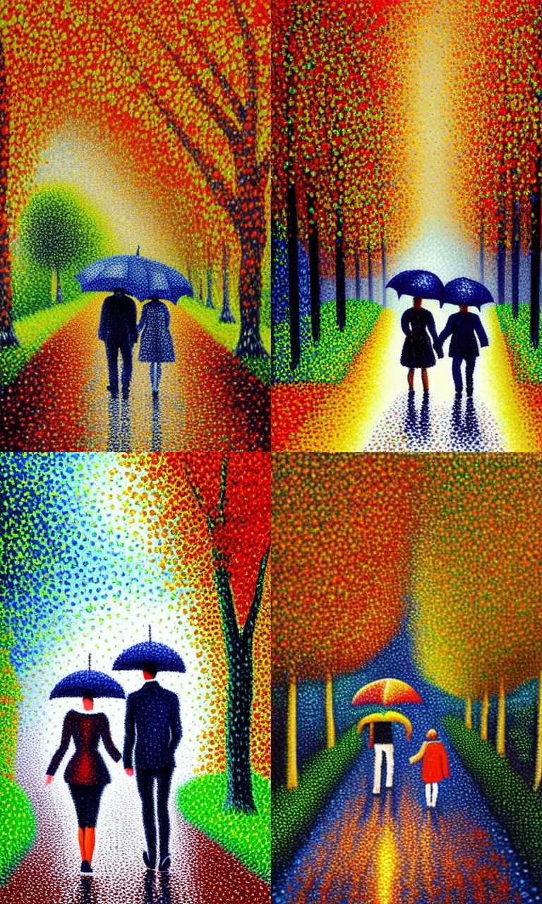 Pointillist Autumn Walk Under Umbrellas