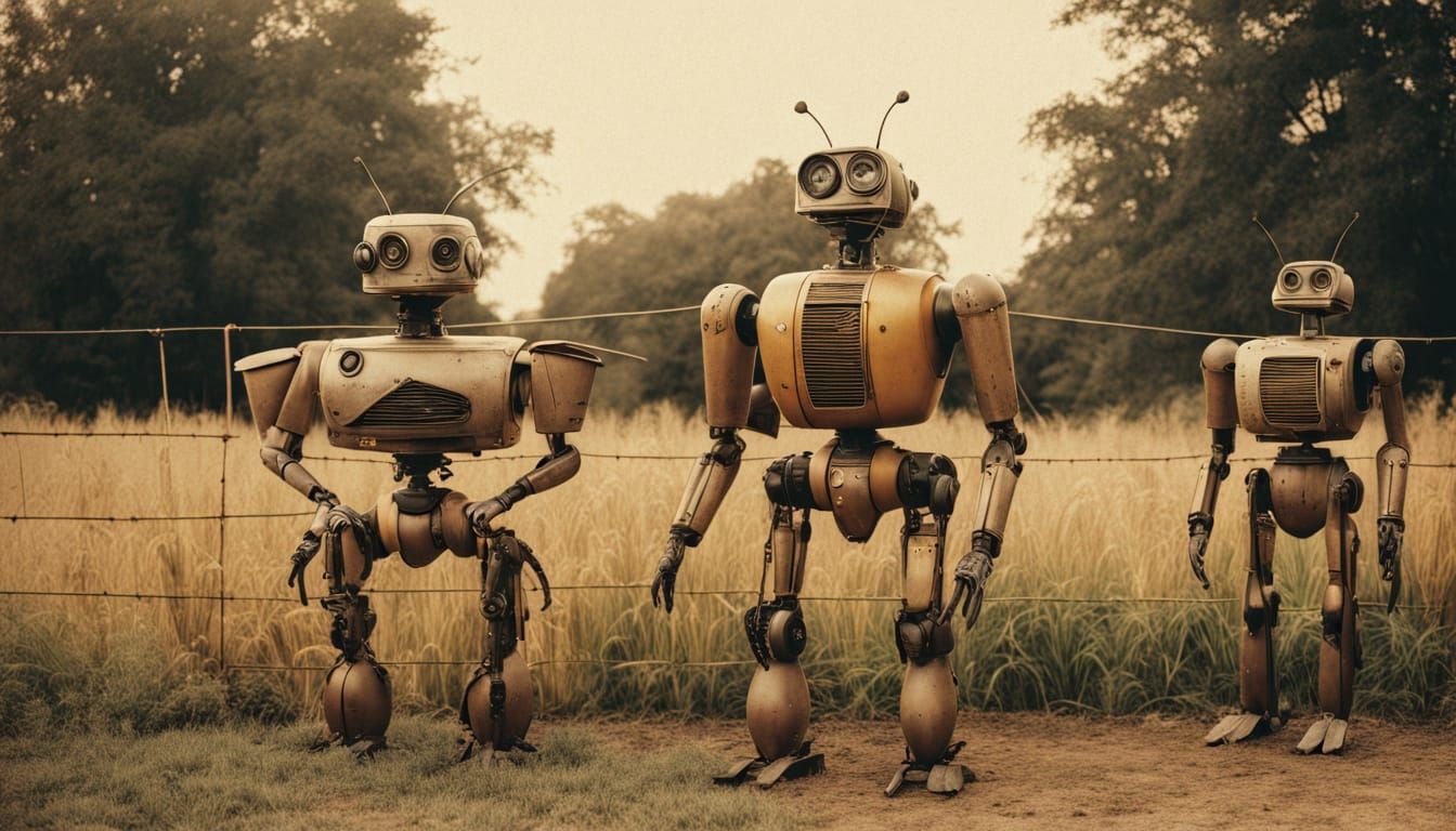 Folkloric Robots Family in Golden Hour, Beside Giant Insect ...