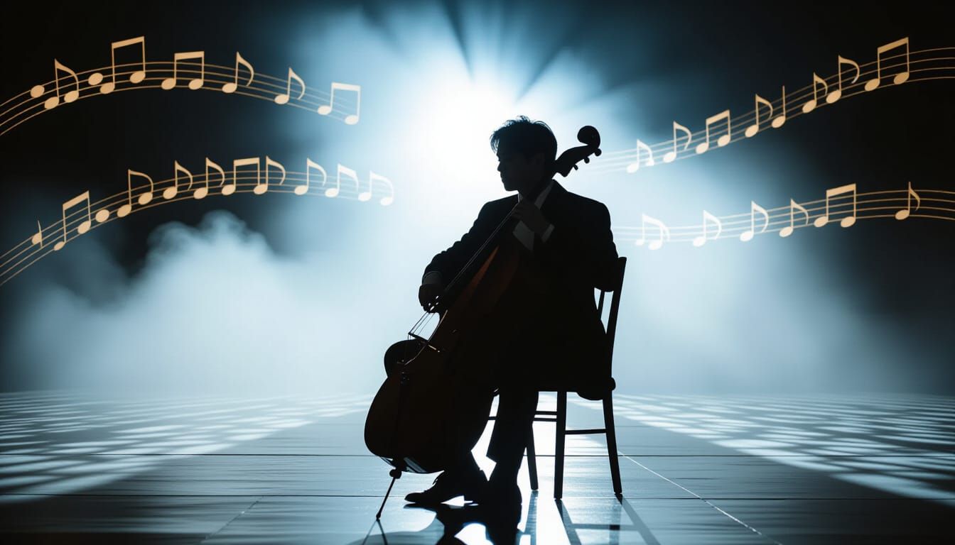 Solitary Musician in Cinematic Light, Golden Notes