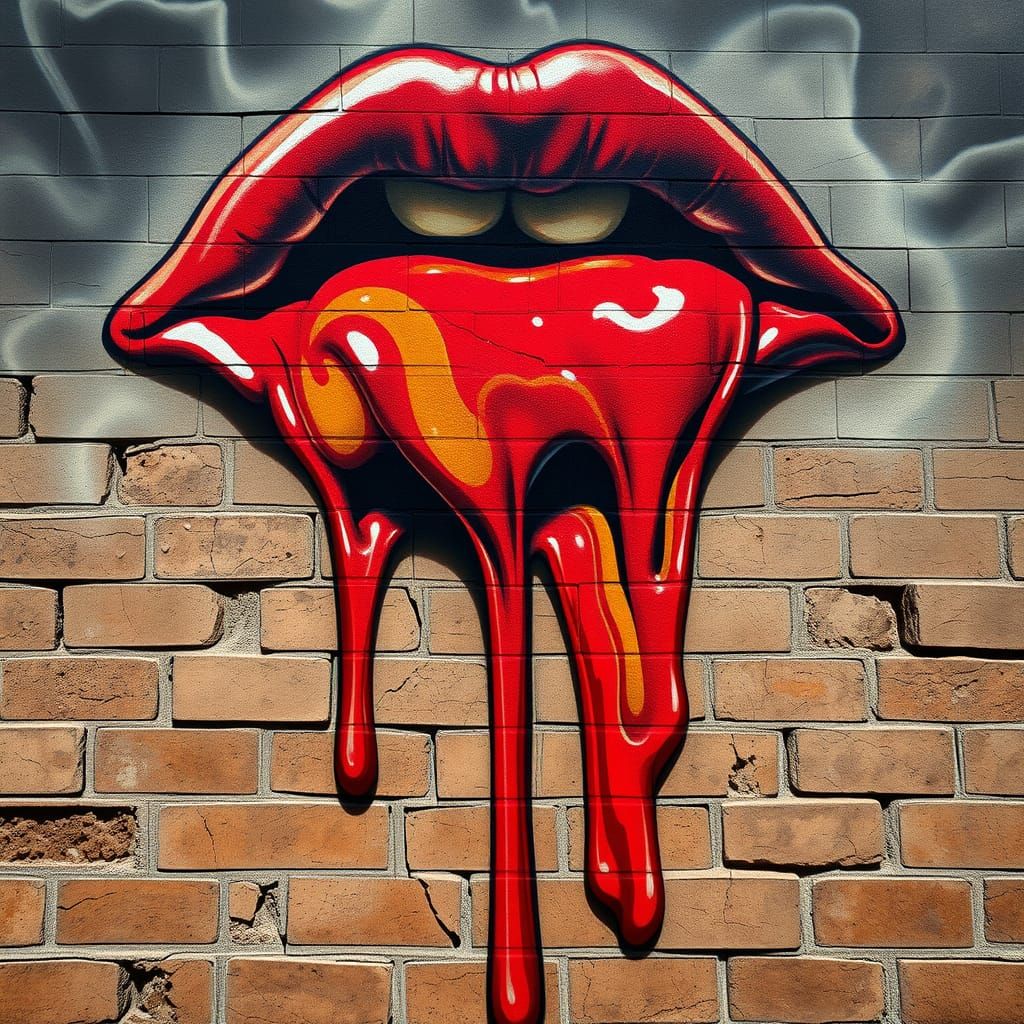 Surrealist Dali-Inspired Lips Drip on Brick Wall