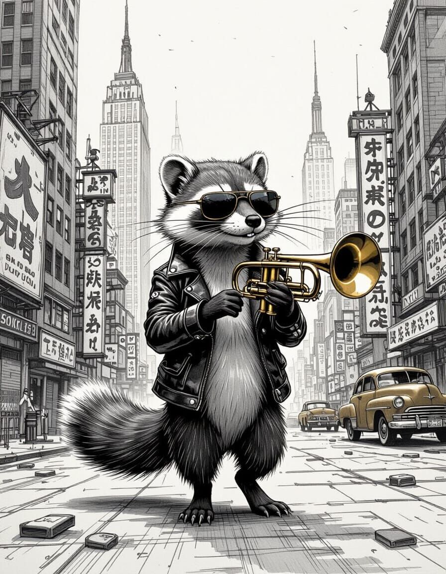Weasel in 1950s City as Pencil Sketch