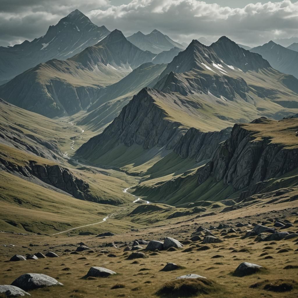 Dramatic Grey Rocky Mountains Under Cinematic Lighting