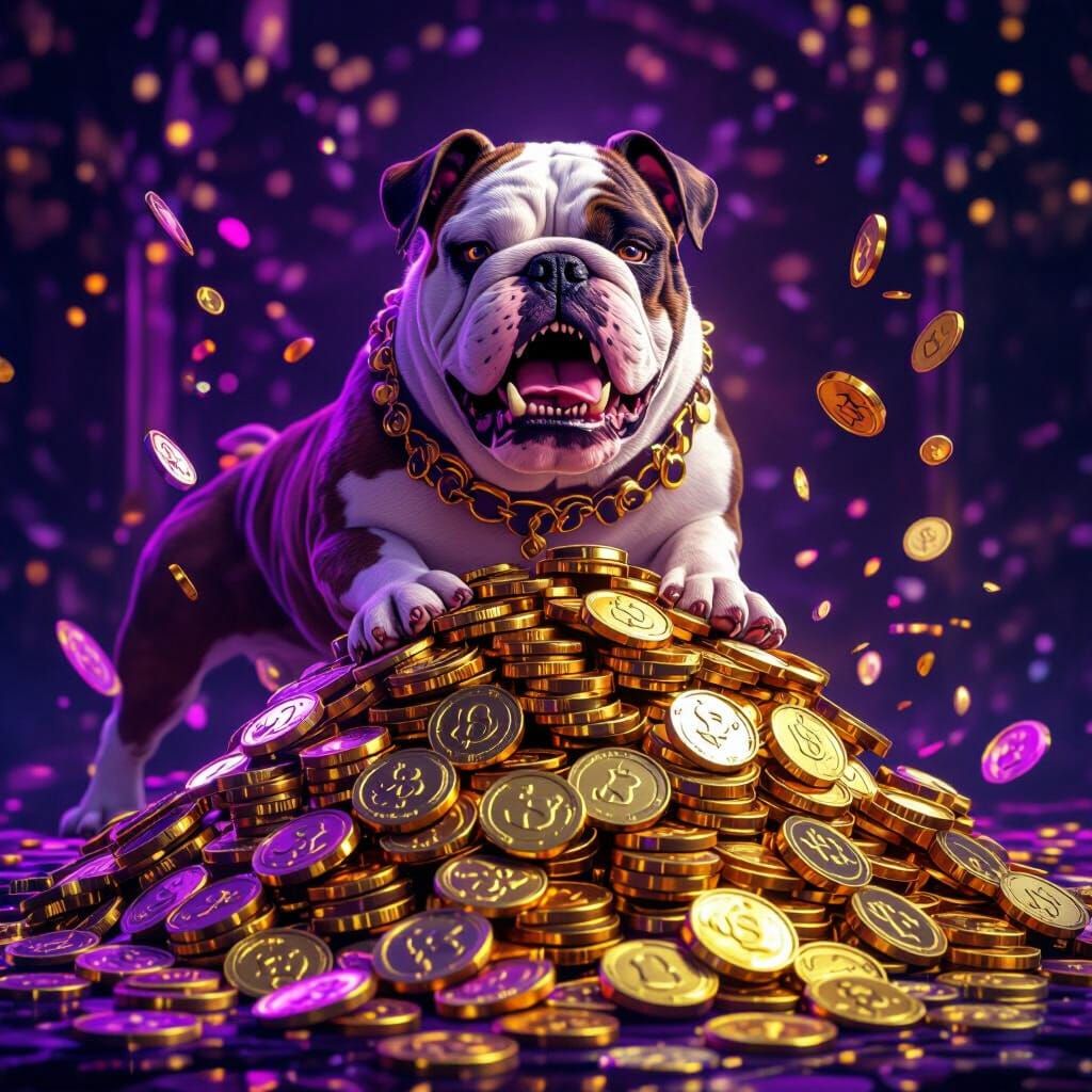 Fierce Bulldog Guards Gold Coins in Dark Fantasy Art
