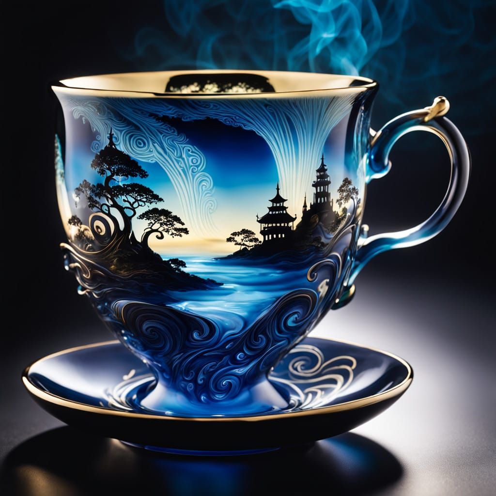 Mystical Glass Teacup with Ethereal Waterfall