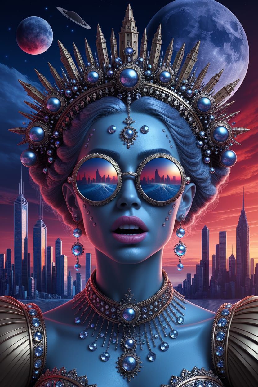 Surreal Woman with Futuristic Crown and City Reflection