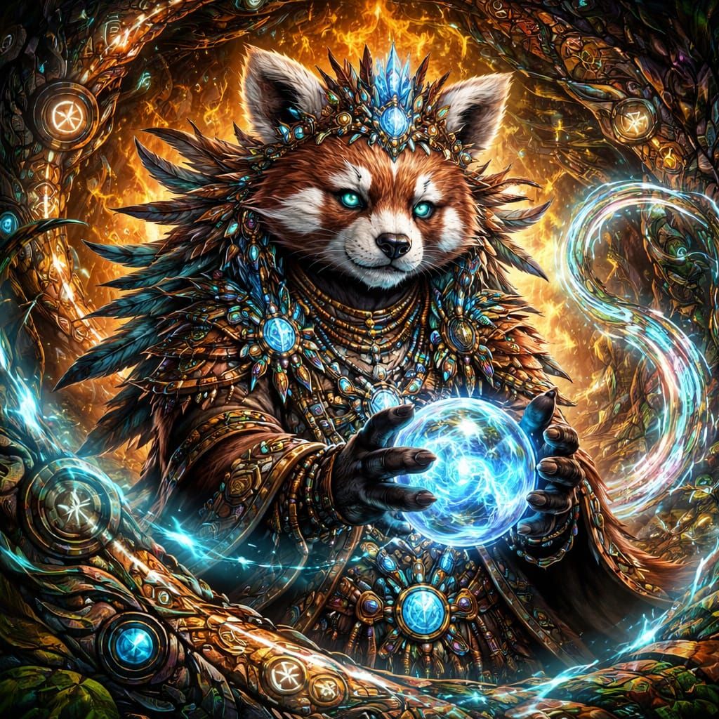 Tribal Magical Red Panda Anthro with Haunted Technology