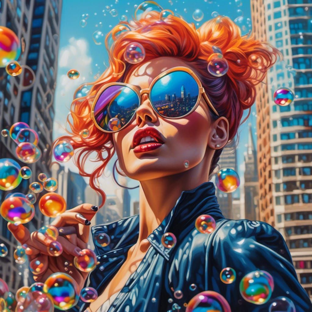 Woman Blowing Bubbles in a Colorful City