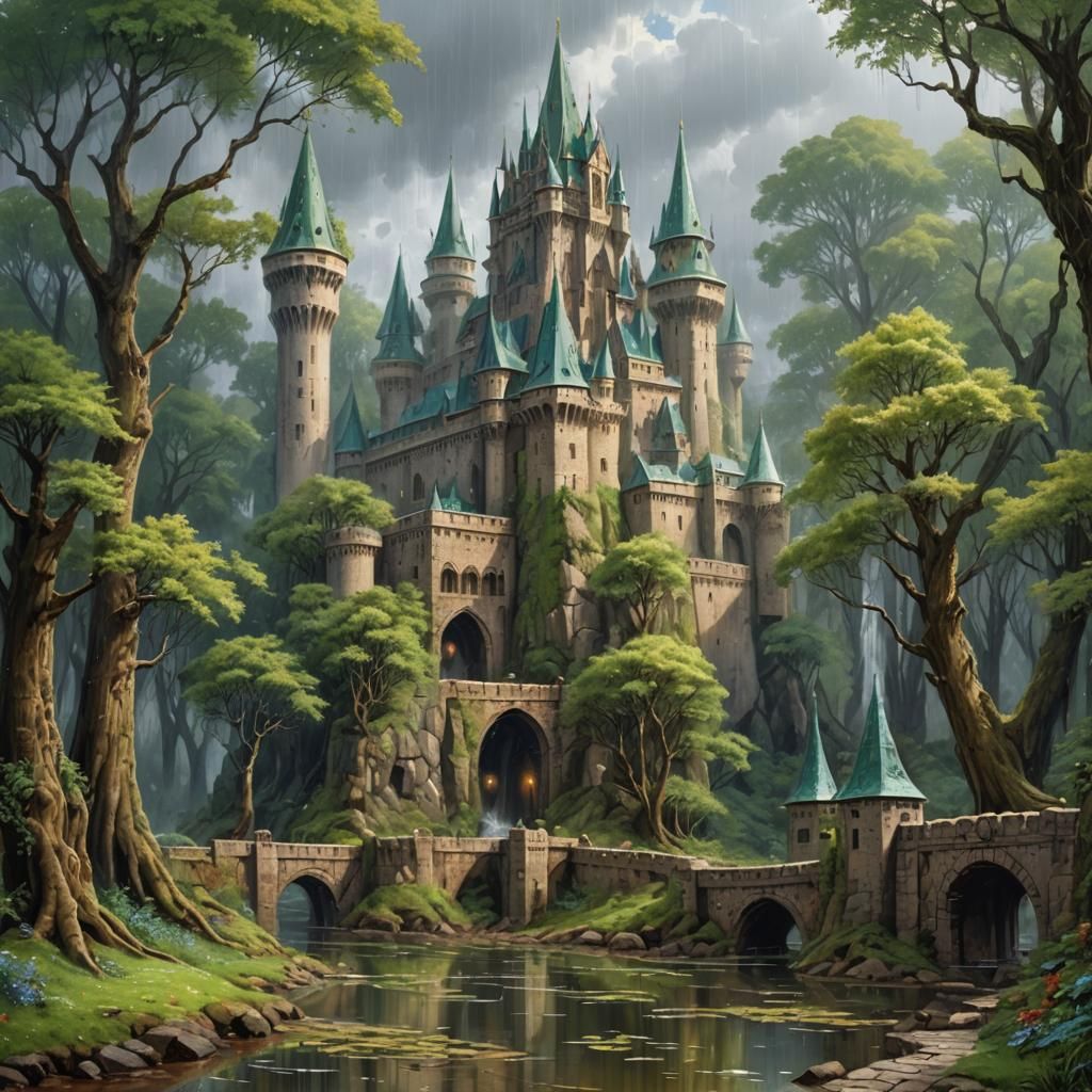 Painting by the Old Masters. Elven Fortress, Second Empire, Elven City inside a Forest, Raining, Highly detailed.