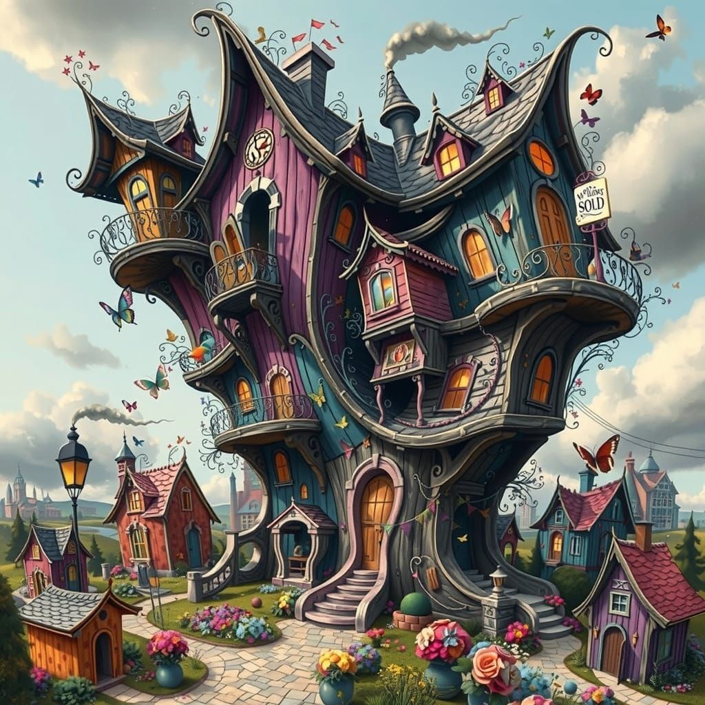 Whimsical Cat House in Tim Burton Style