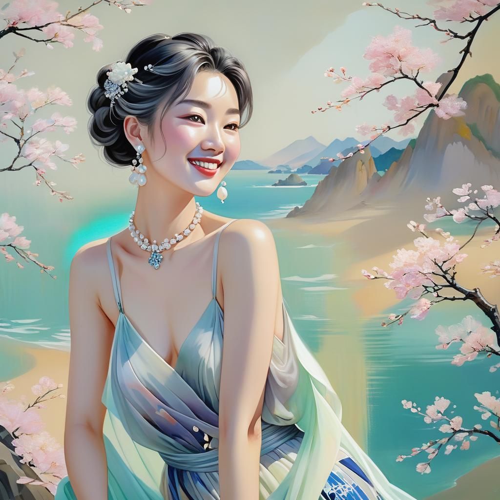 Charming Movie Character in Flowy Gown as Oil Painting