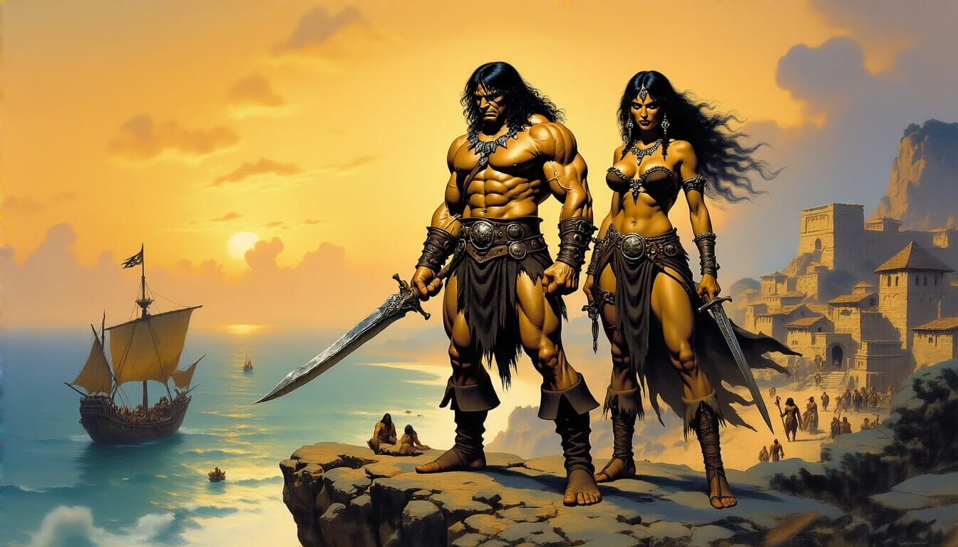 Conan and Belit on Windswept Cliff Overlooking Argos