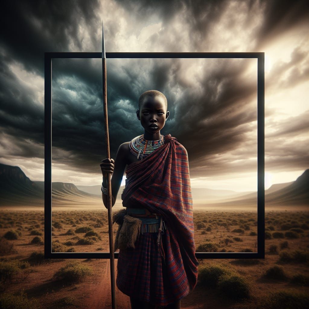 Masai Woman with Spear on African Savanna