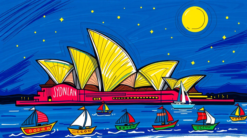 Sydney Opera House Crayon Doodle in Pop Art Style