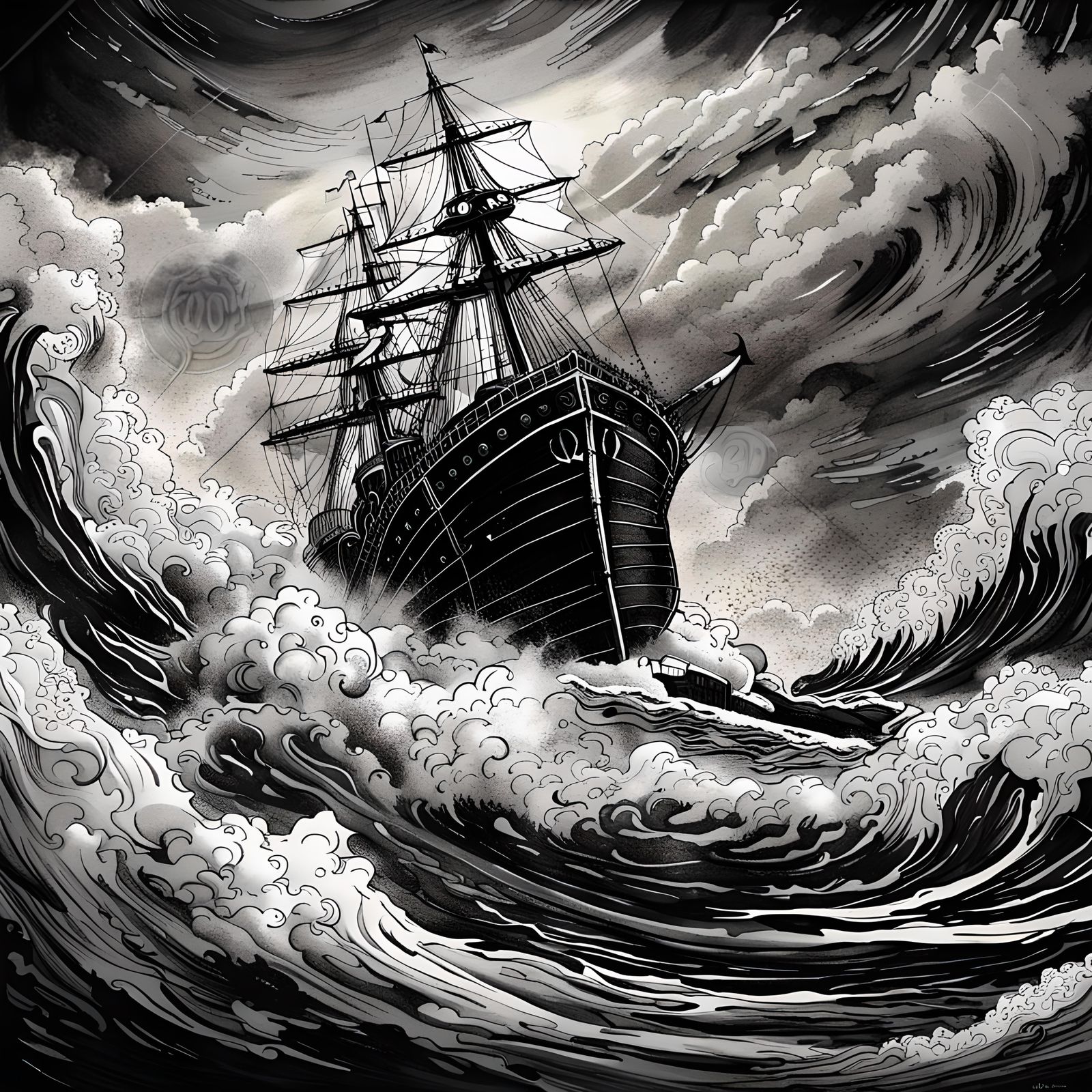 Ship on Stormy Sea: Detailed Ink Drawing