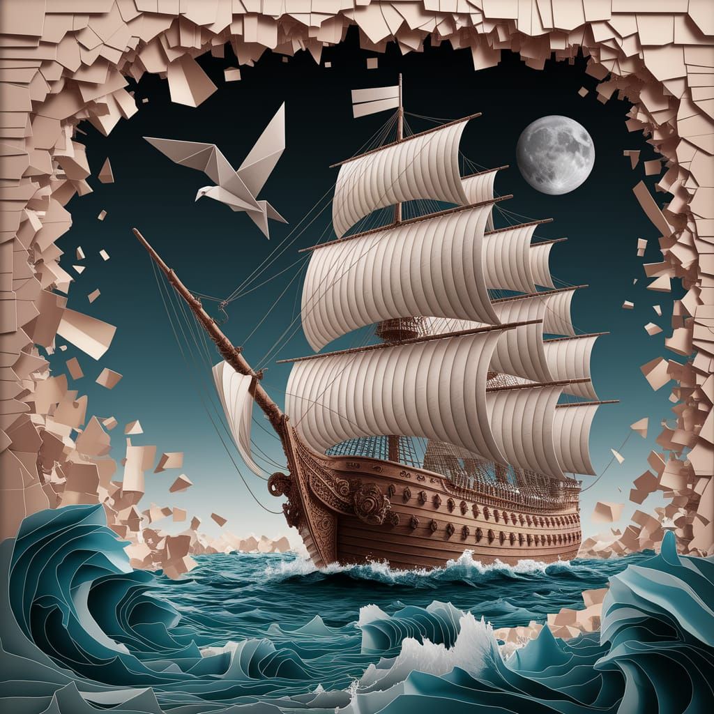 Origami Ship on Ink Sea: Surreal Digital Papercraft Art