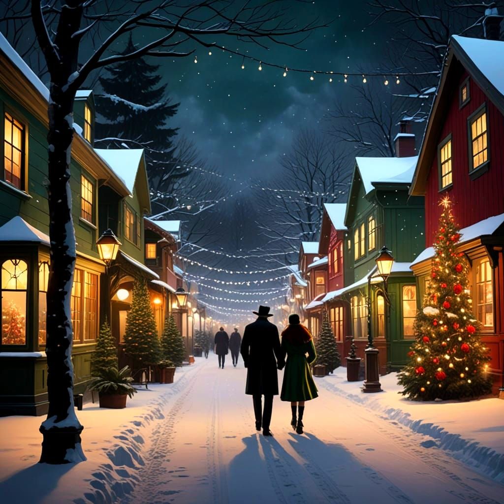 Exquisite Roaring Twenties Couple Ice Skating on a Festive C...