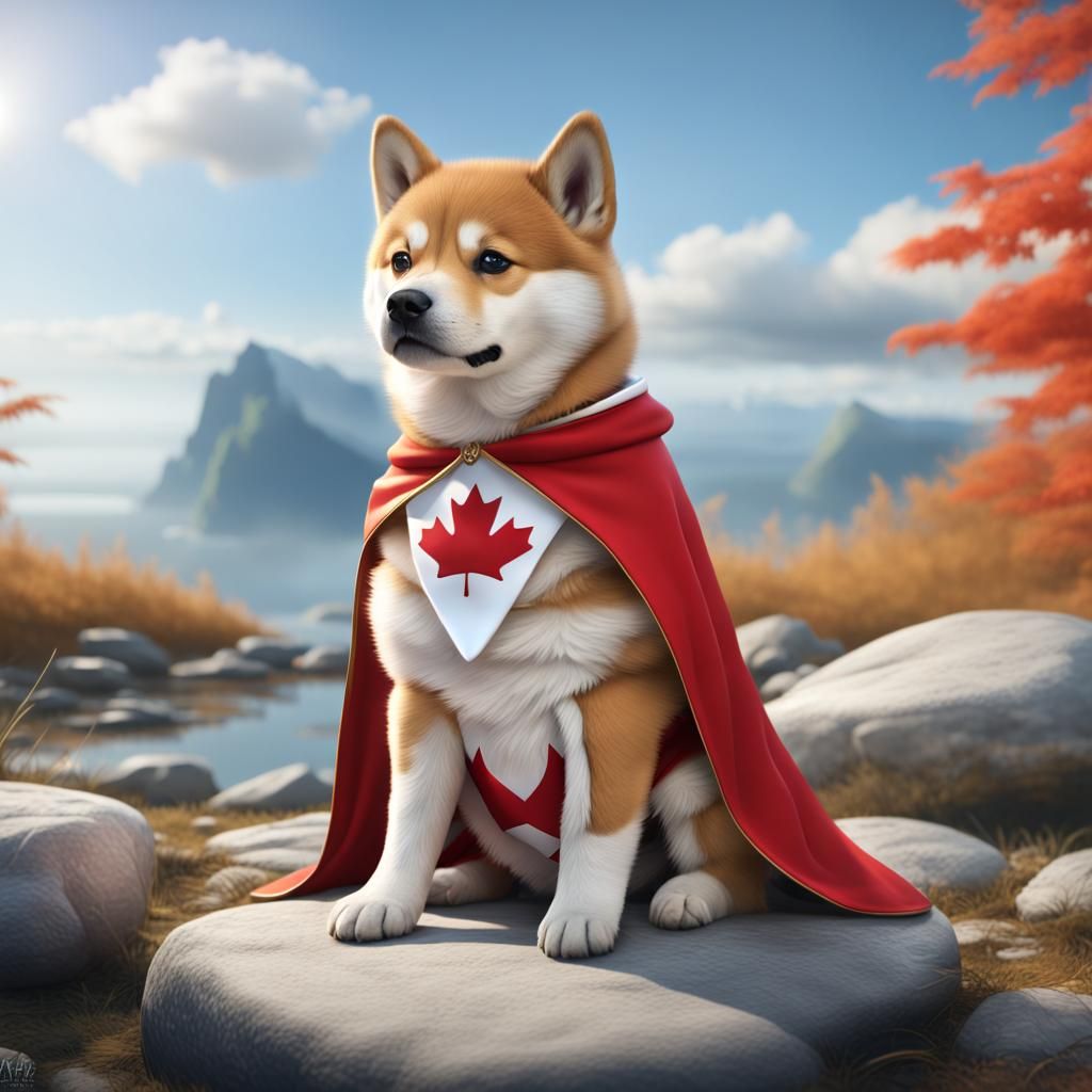 a cute little pup dressed in Canadian costume sitting on a stone floor, outdoors, sky, day, cape, no humans, animal, ani...
