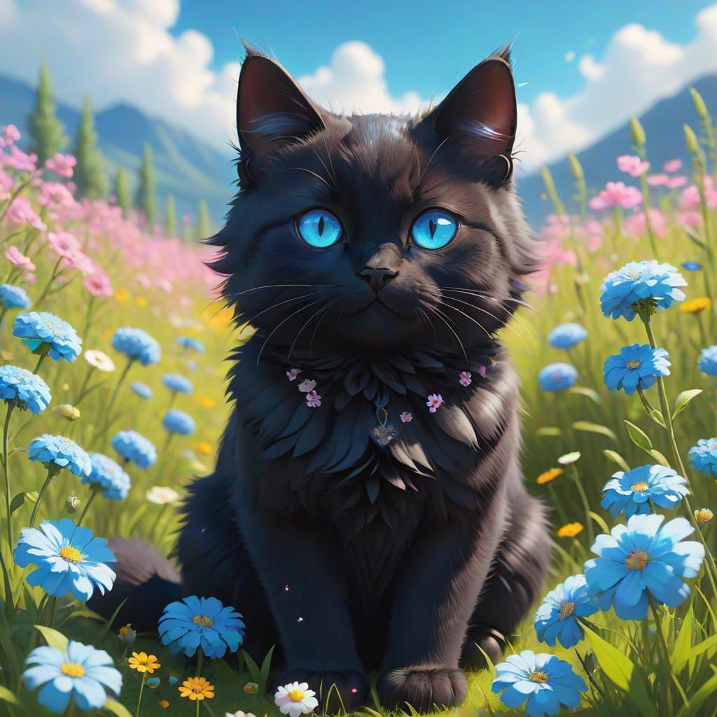 Fluffy Black Cat in Flower Field: 3D Anime Art