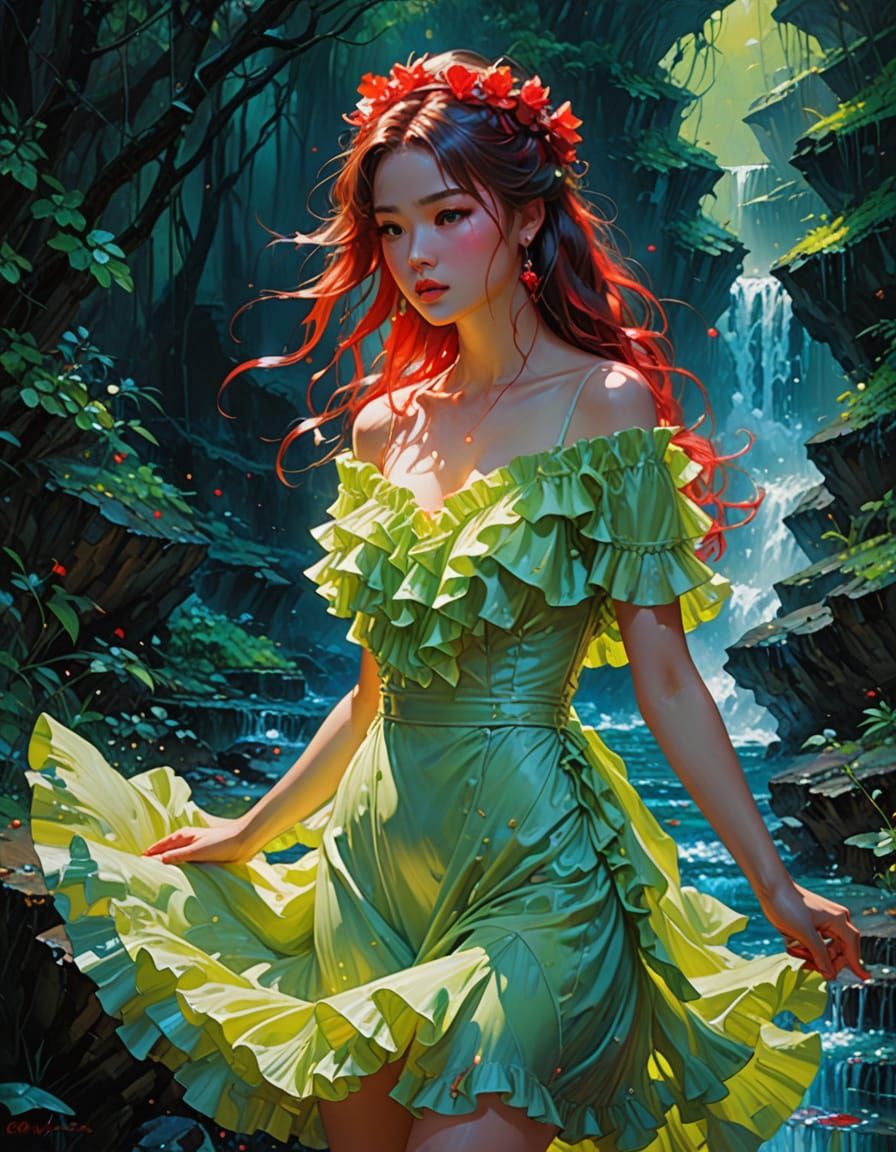 Impasto Painting of a Dreamy Water Scene with Neon Accents