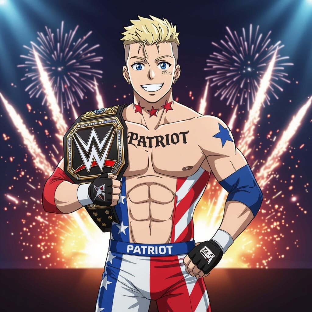 Anime Wrestler With Championship Belt and Fireworks