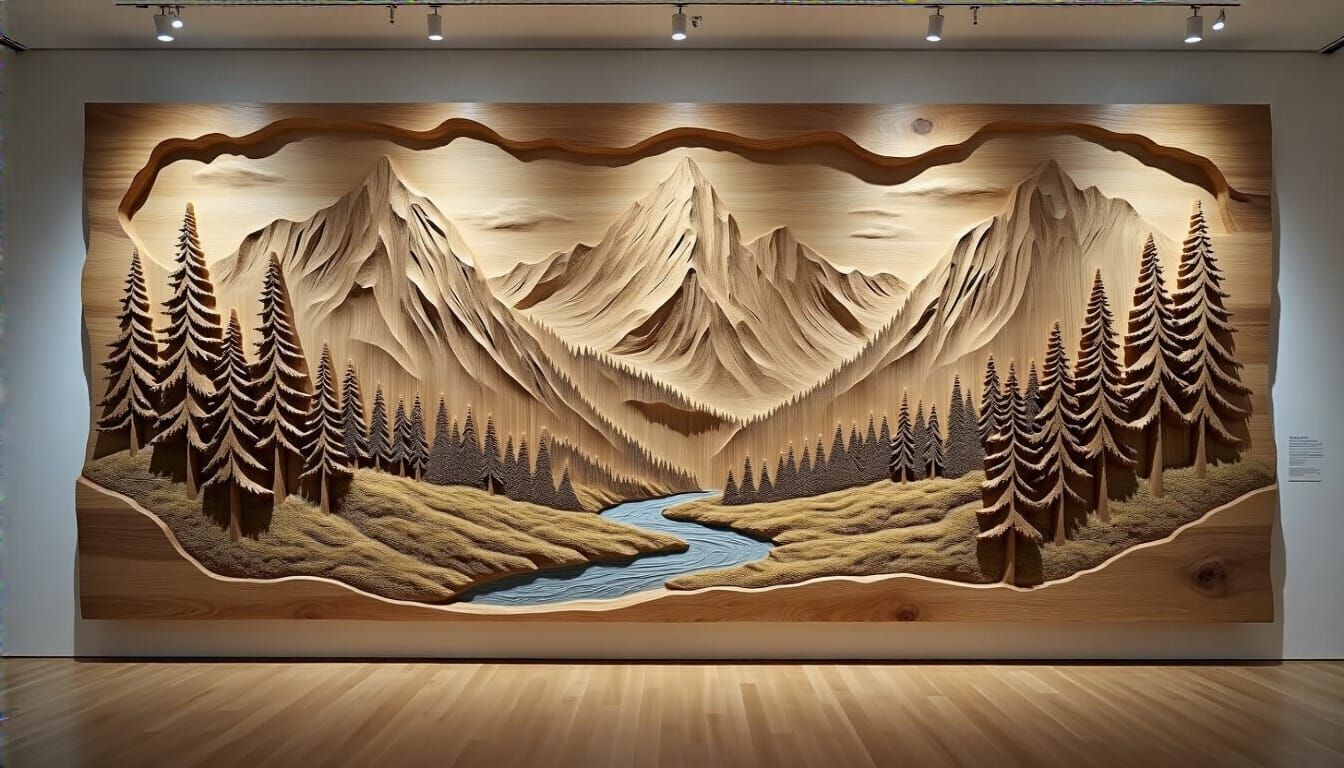 Detailed Oak Relief of Mountain Landscape