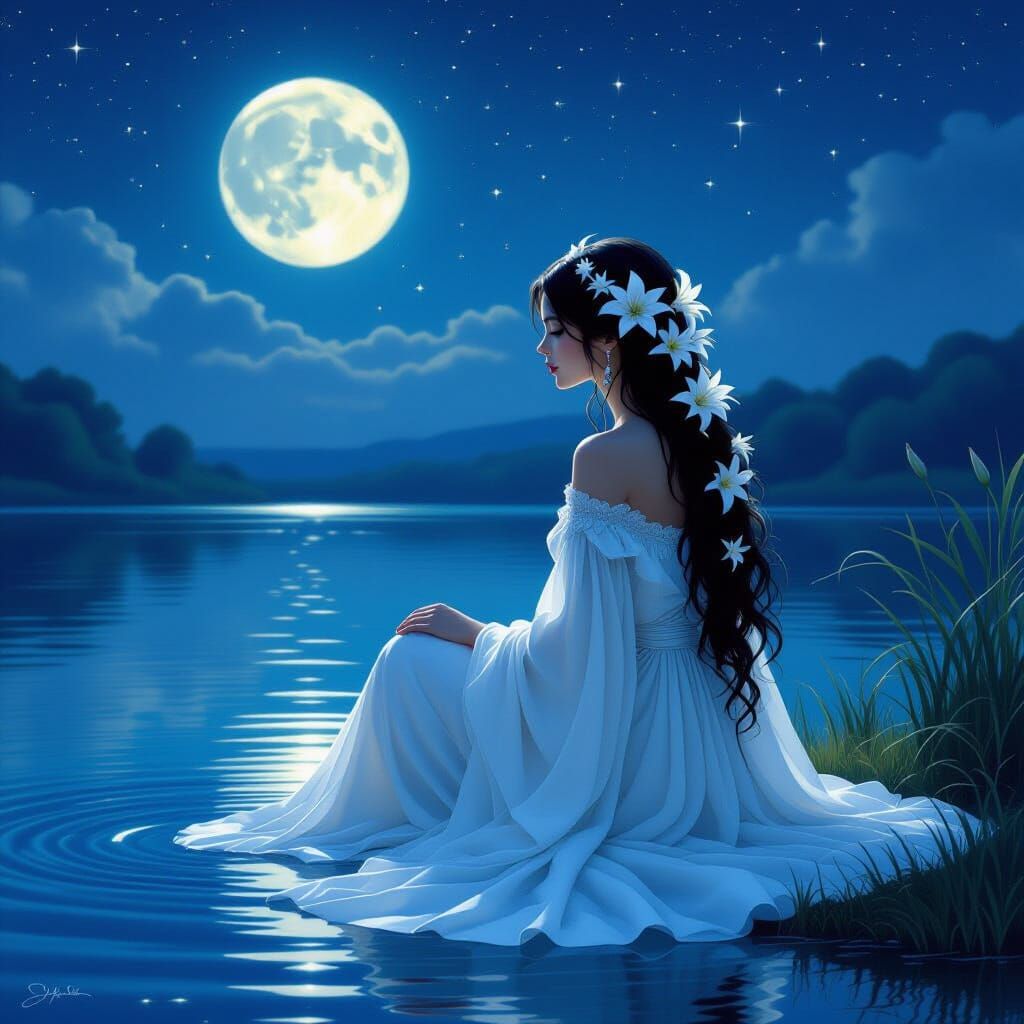 Dreamy Moonlit Lake Digital Painting of Woman with Lilies