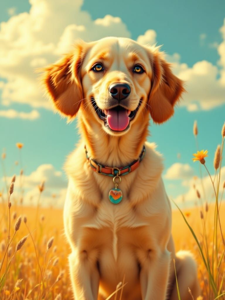 Pin-Up Dog Enjoys Sunny Day in Field