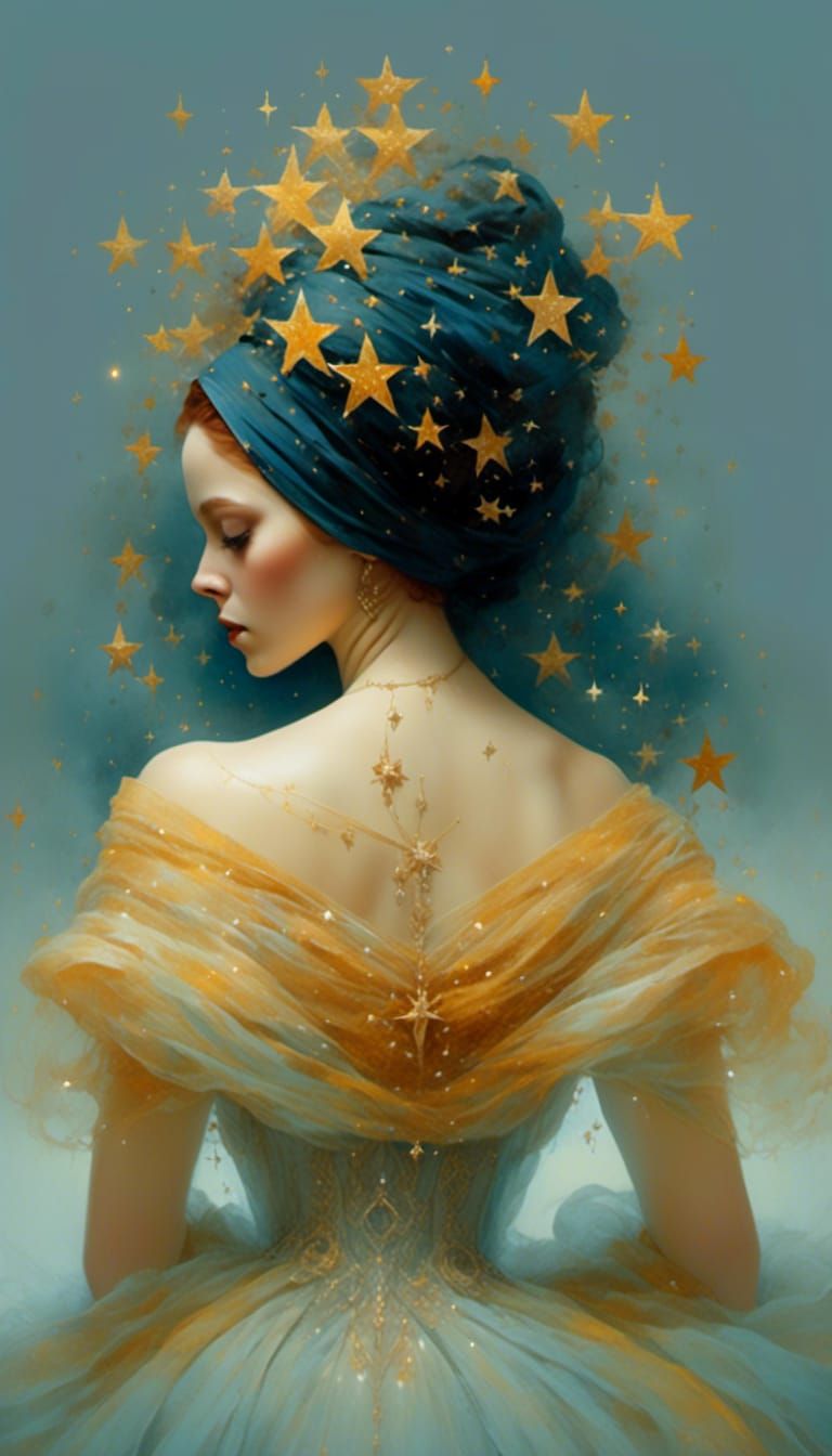 Woman in Starry Headscarf: Hyperrealistic Fantasy Portrait